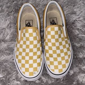 Mustard yellow checkered slip on vans